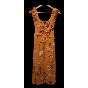 Golden Yellow Floral Print Midi Dress Y2k Empire Waist Cottagecore Medium Trixxi